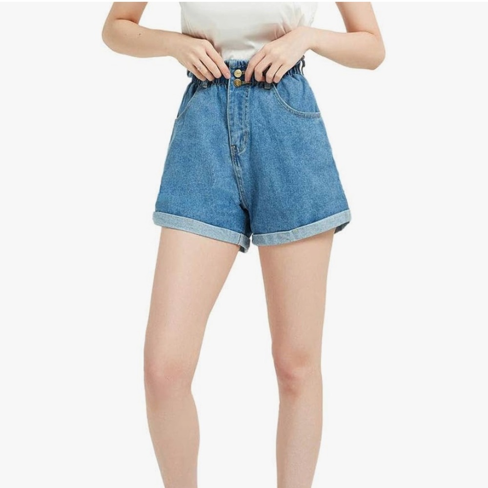 Cotton high waisted jean denim shorts elastic waistband cuffed hem cute summer